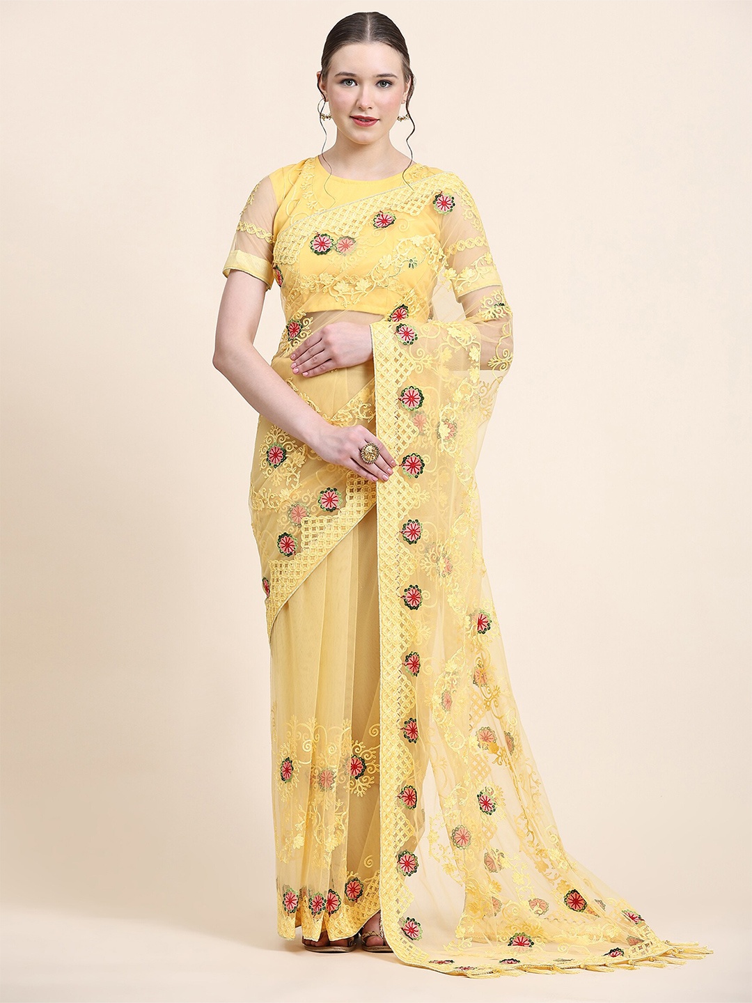 

ORUS Floral Embroidered Net Saree With Tassel, Yellow