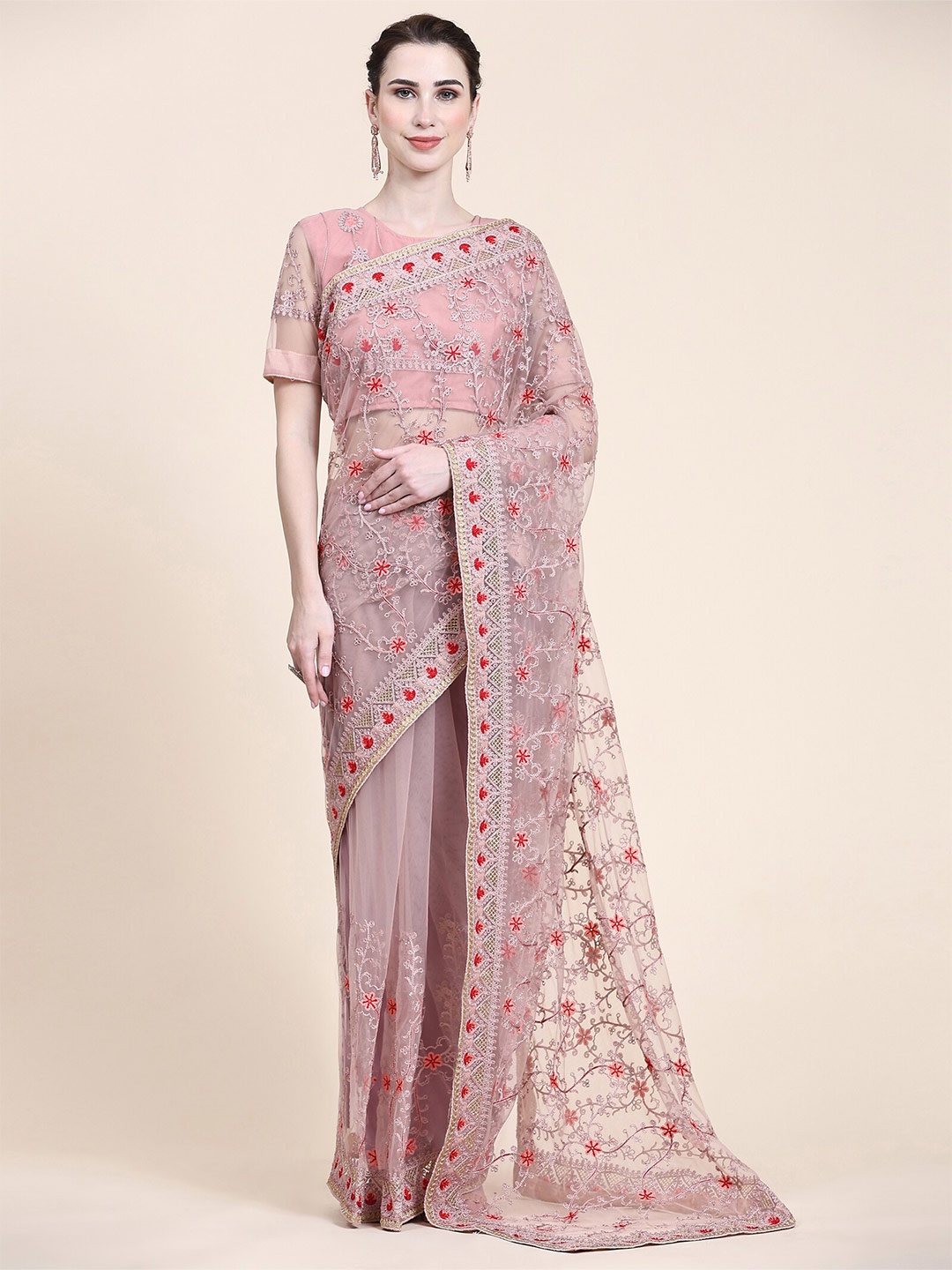 

ORUS Ethnic Motifs Embroidered Net Saree, Pink