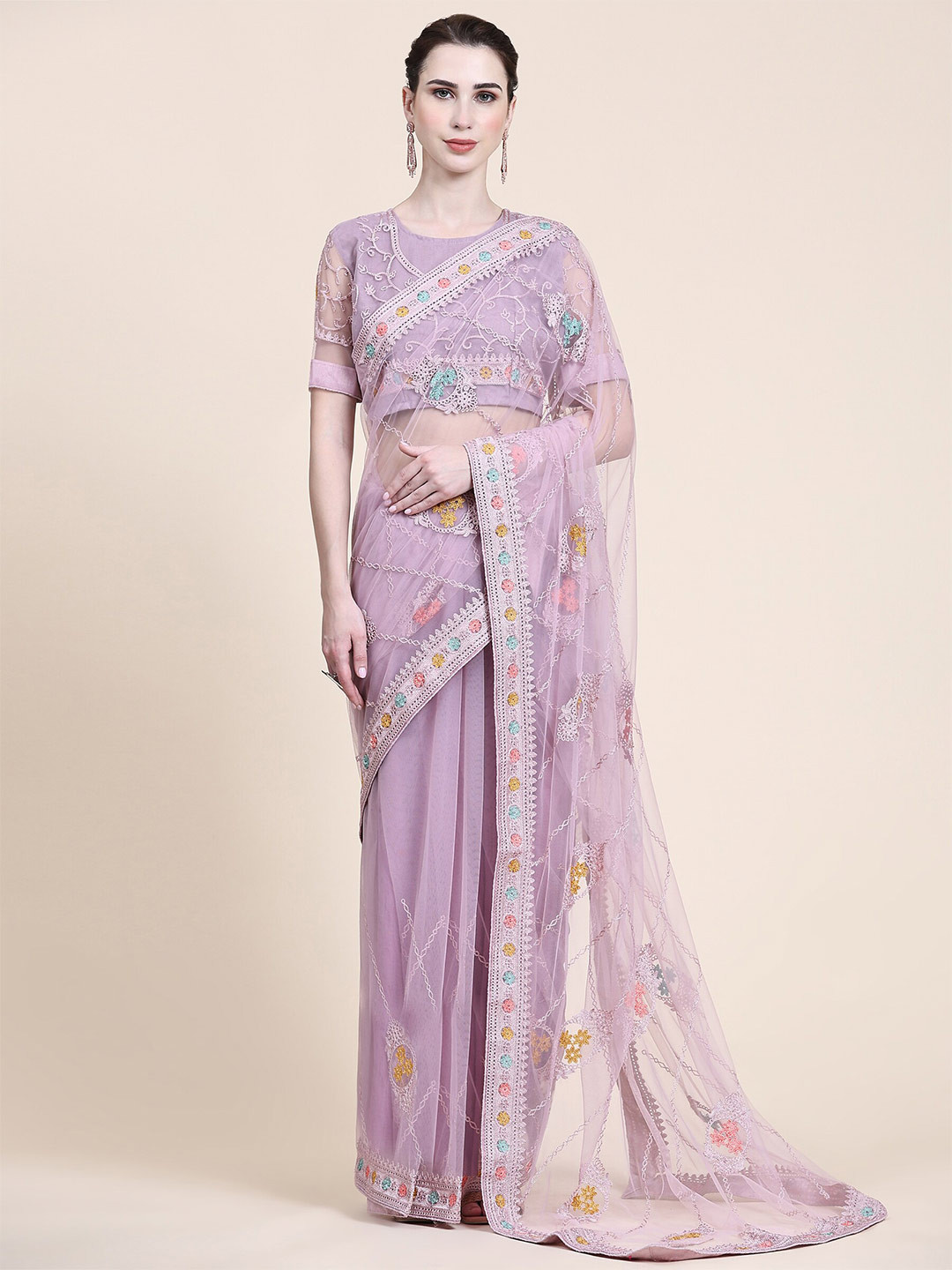 

ORUS Ethnic Motifs Embroidered Net Saree, Purple