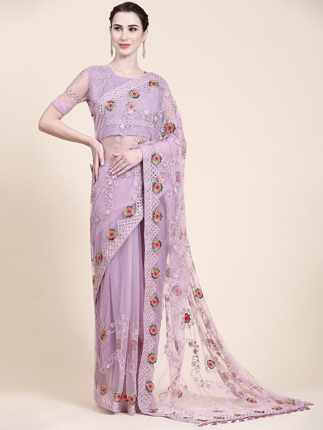

ORUS Floral Embroidered Net Saree With Tassel, Purple