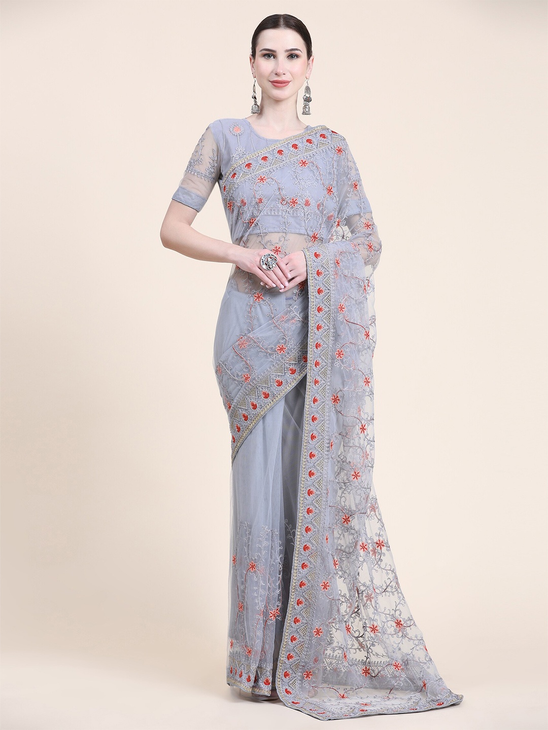 

ORUS Ethnic Motif Embroidered Net Saree, Grey