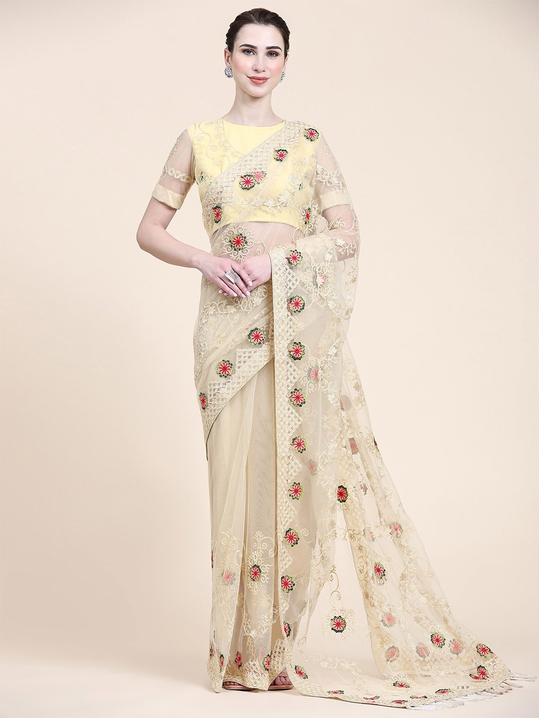 

ORUS Floral Embroidered Net Saree With Tassel, Yellow