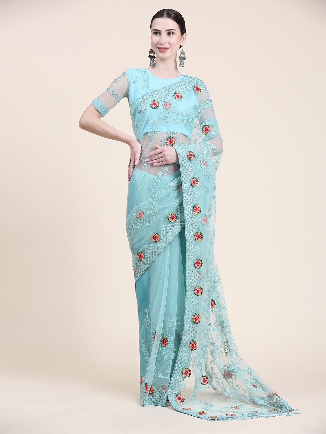 

ORUS Floral Embroidered Net Saree With Tassel, Turquoise blue