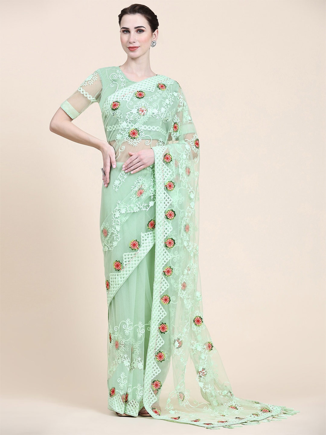 

ORUS Floral Embroidered Net Saree With Tassel, Fluorescent green
