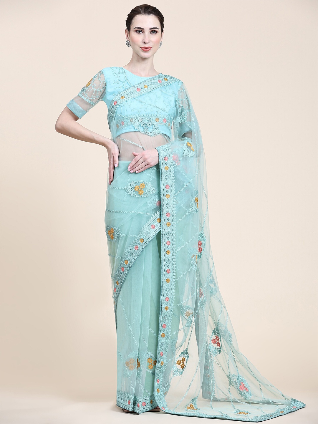 

ORUS Ethnic Motif Embroidered Net Saree, Turquoise blue