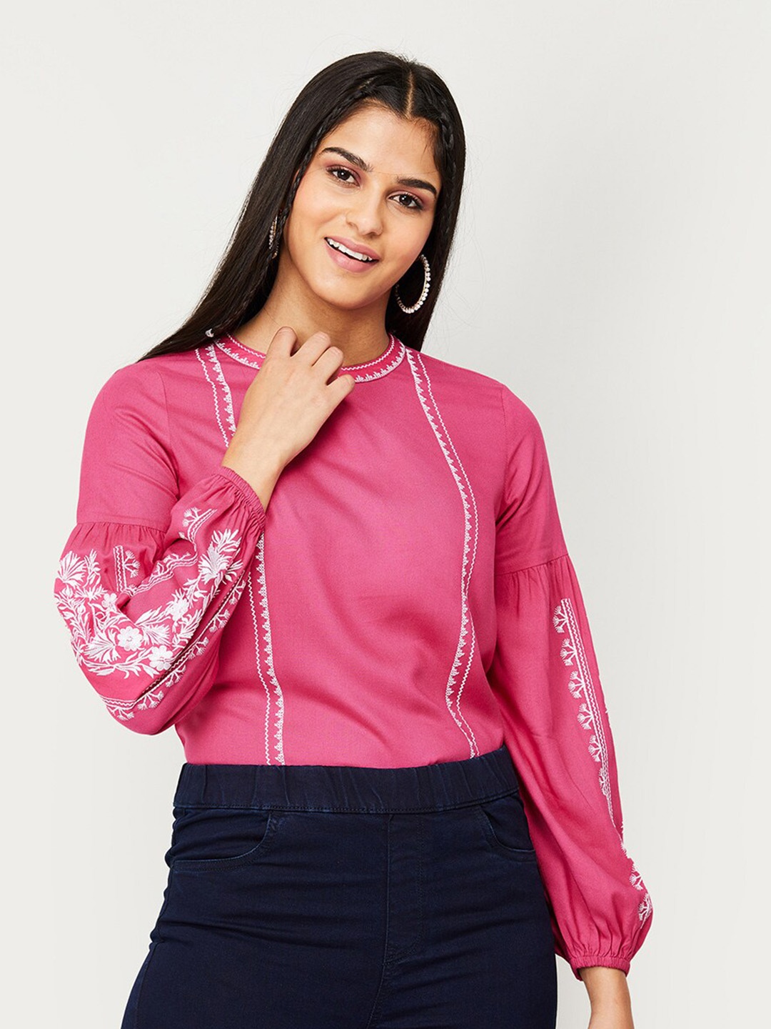 

Fame Forever by Lifestyle Floral Embroidered Round Neck Top, Pink