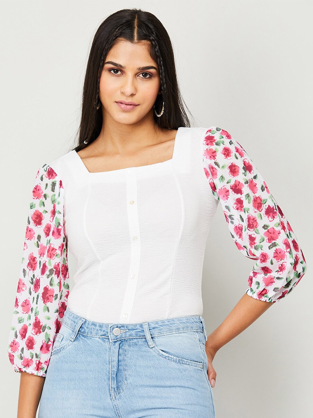 

Fame Forever by Lifestyle Floral Printed Puff Sleeves Top, White