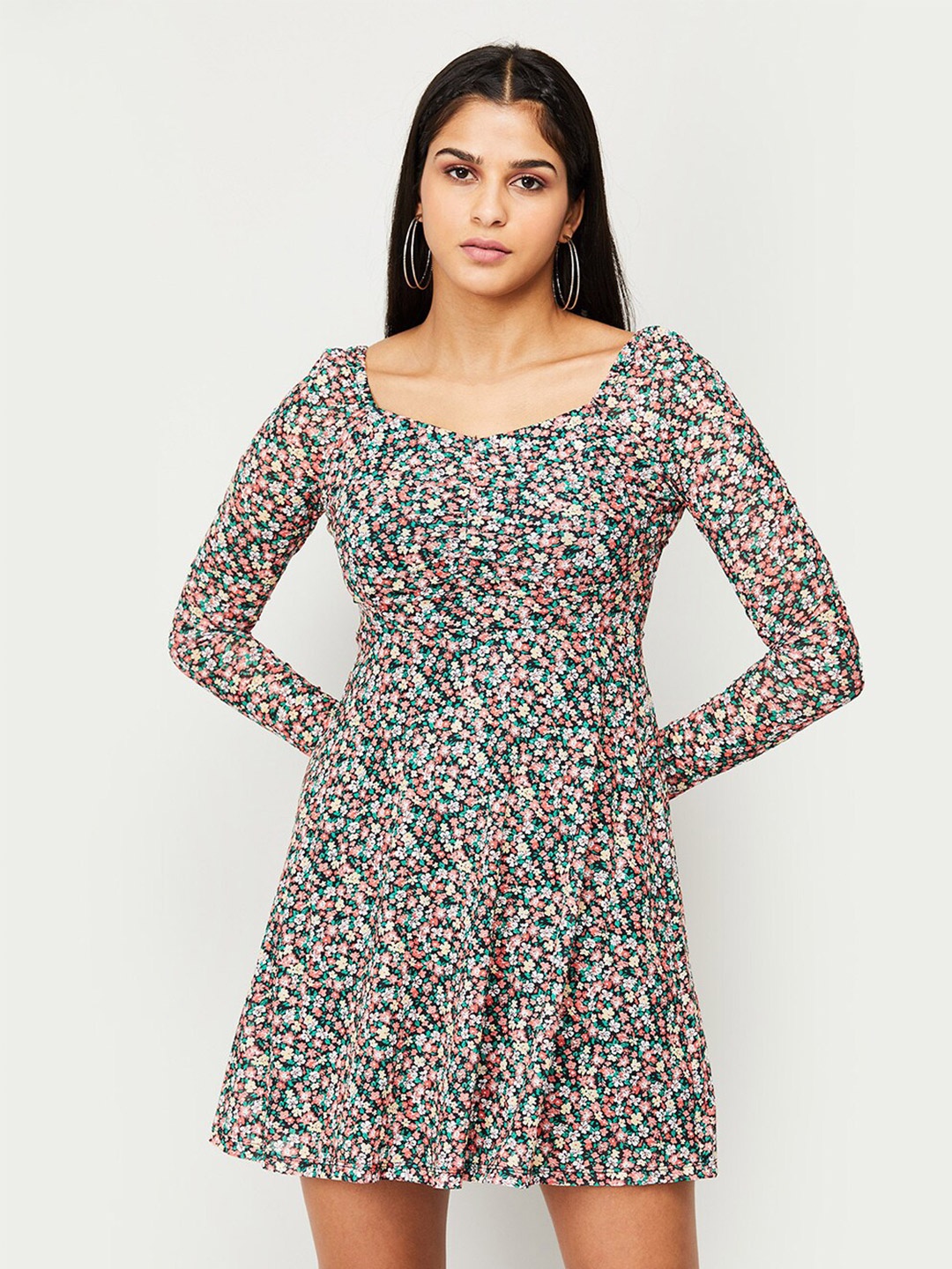 

Ginger by Lifestyle Square Neck Floral Printed Mini A-Line Dress, Black