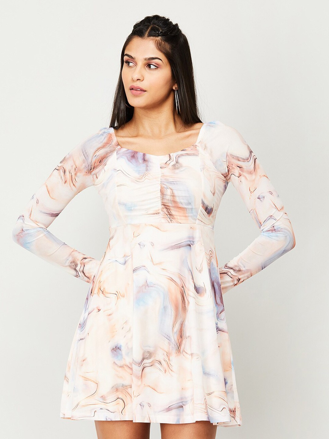 

Ginger by Lifestyle Square Neck Abstract Printed Ruched A-Line Mini Dress, Off white