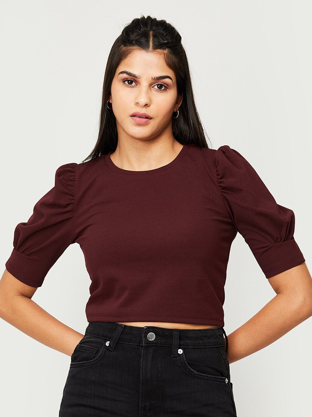 

Ginger by Lifestyle Round Neck Puff Sleeve Crop Top, Maroon