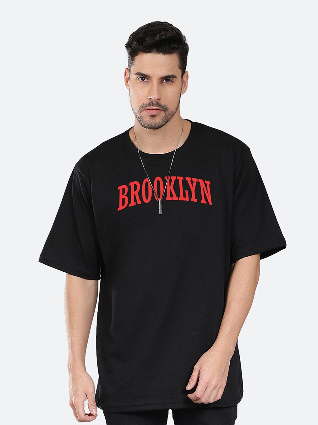 

Mad Over Print Typography Printed Drop Shoulder Sleeves Cotton Oversized Fit T-shirt, Black