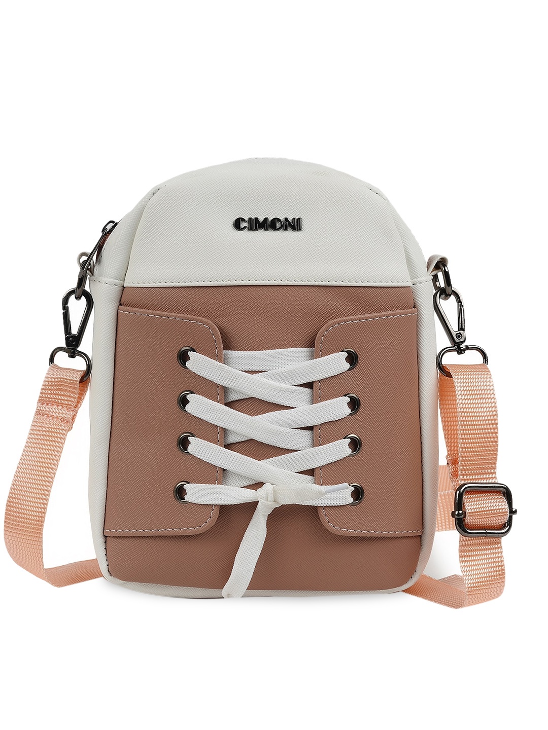 

CIMONI Textured Lace-Up Structured Vegan Leather Sling Bag, Beige