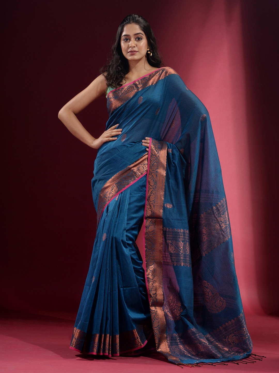 

Charukriti Ethnic Motifs Pure Cotton Zari Saree, Blue