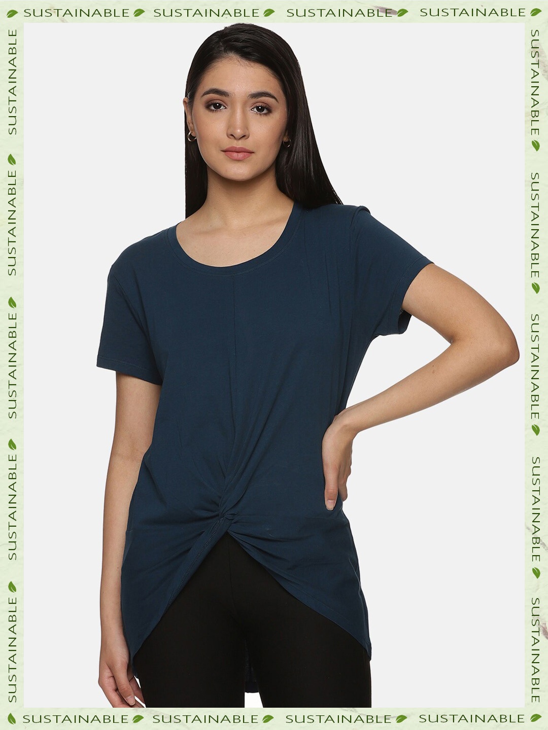 

HERE&NOW Round Neck Short Sleeves Twisted High-Low Top, Navy blue