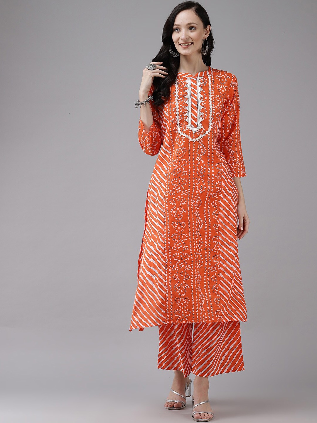 

Bhama Couture Bandhani Printed Regular Kurta with Palazzos, Orange