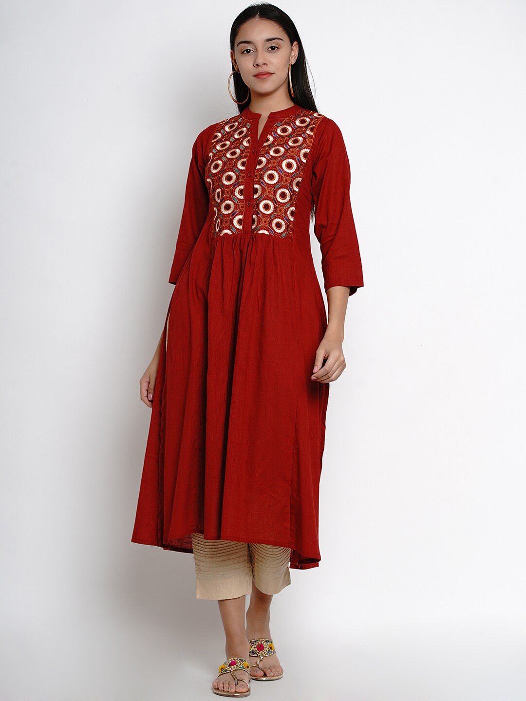 

Bhama Couture Women Maroon Embroidered Regular Thread Work Kurta with Trousers