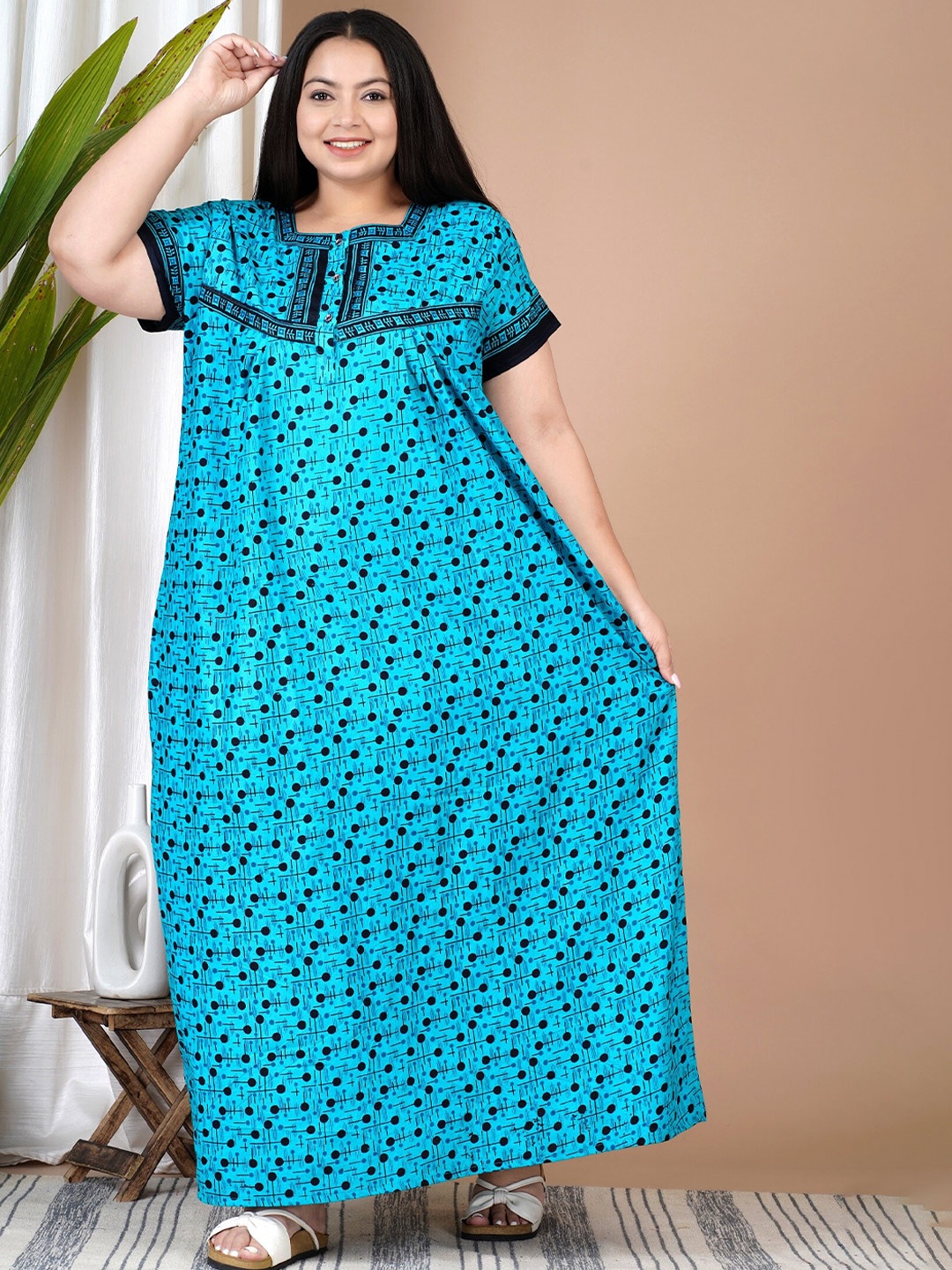 

SP DESIGNS Plus Size Abstract Printed Pure Cotton Maxi Nightdress, Blue