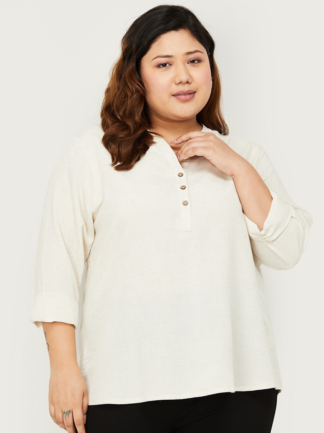 

Nexus by Lifestyle Plus Size Mandarin Collar Cuffed Sleeves Shirt Style Top, Off white