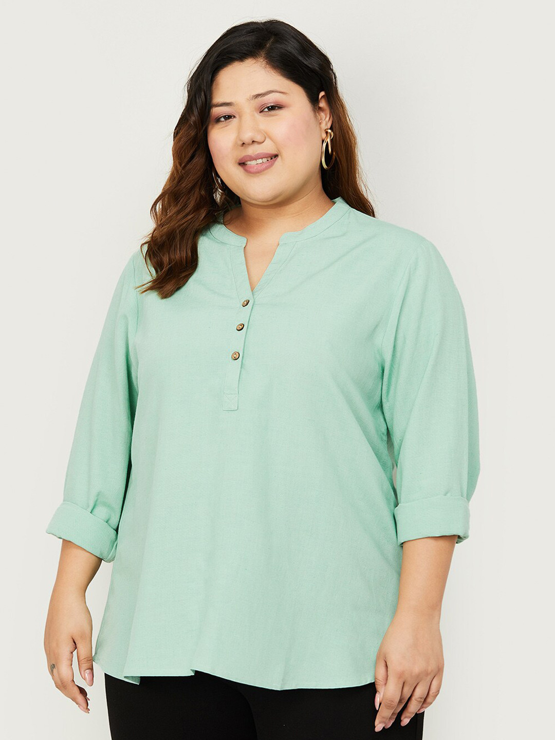 

Nexus by Lifestyle Plus Size Mandarin Collar Cuffed Sleeves Shirt Style Top, Green