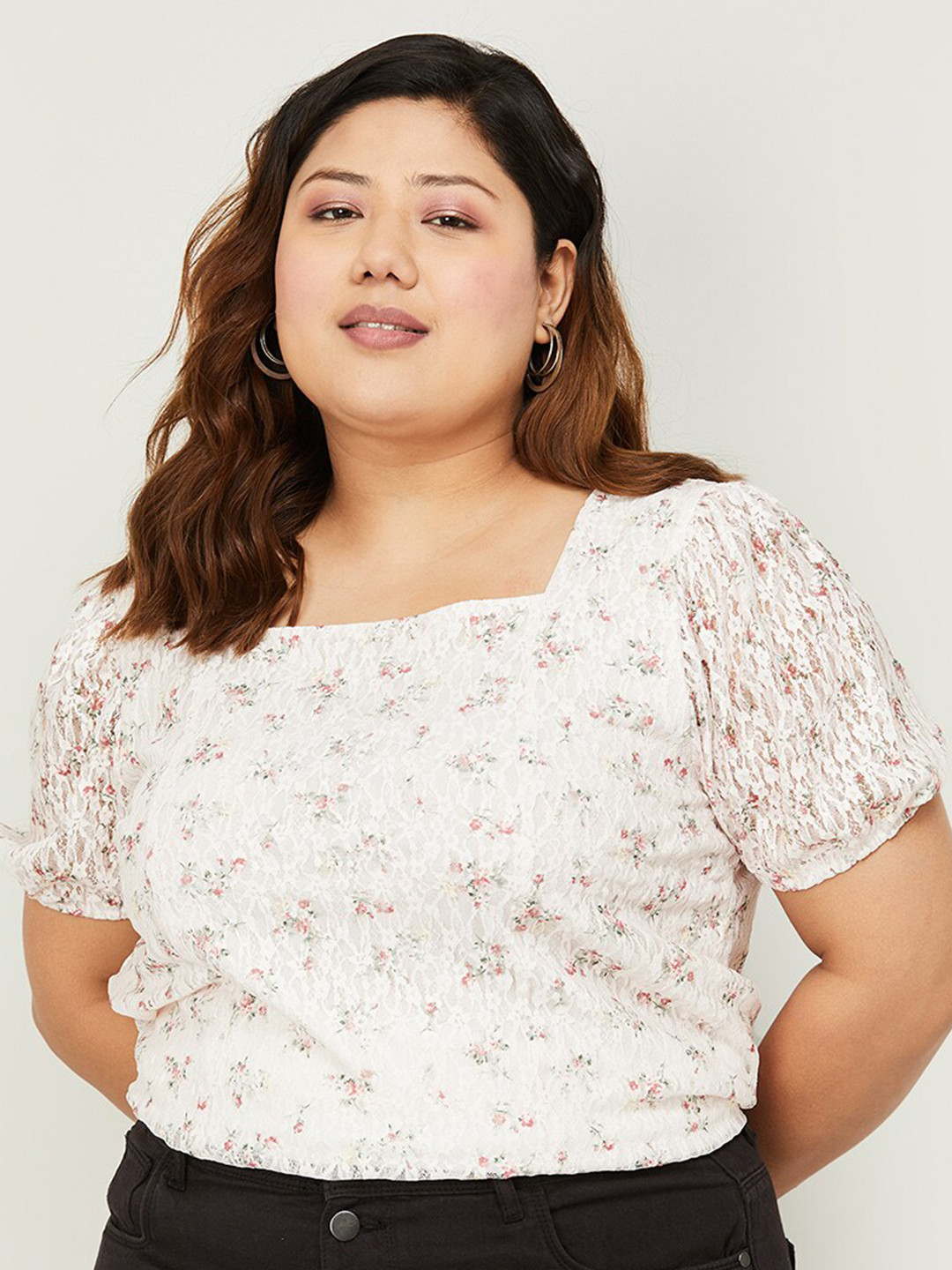 

Nexus by Lifestyle Plus Size Floral Printed Square Neck Regular Top, Off white