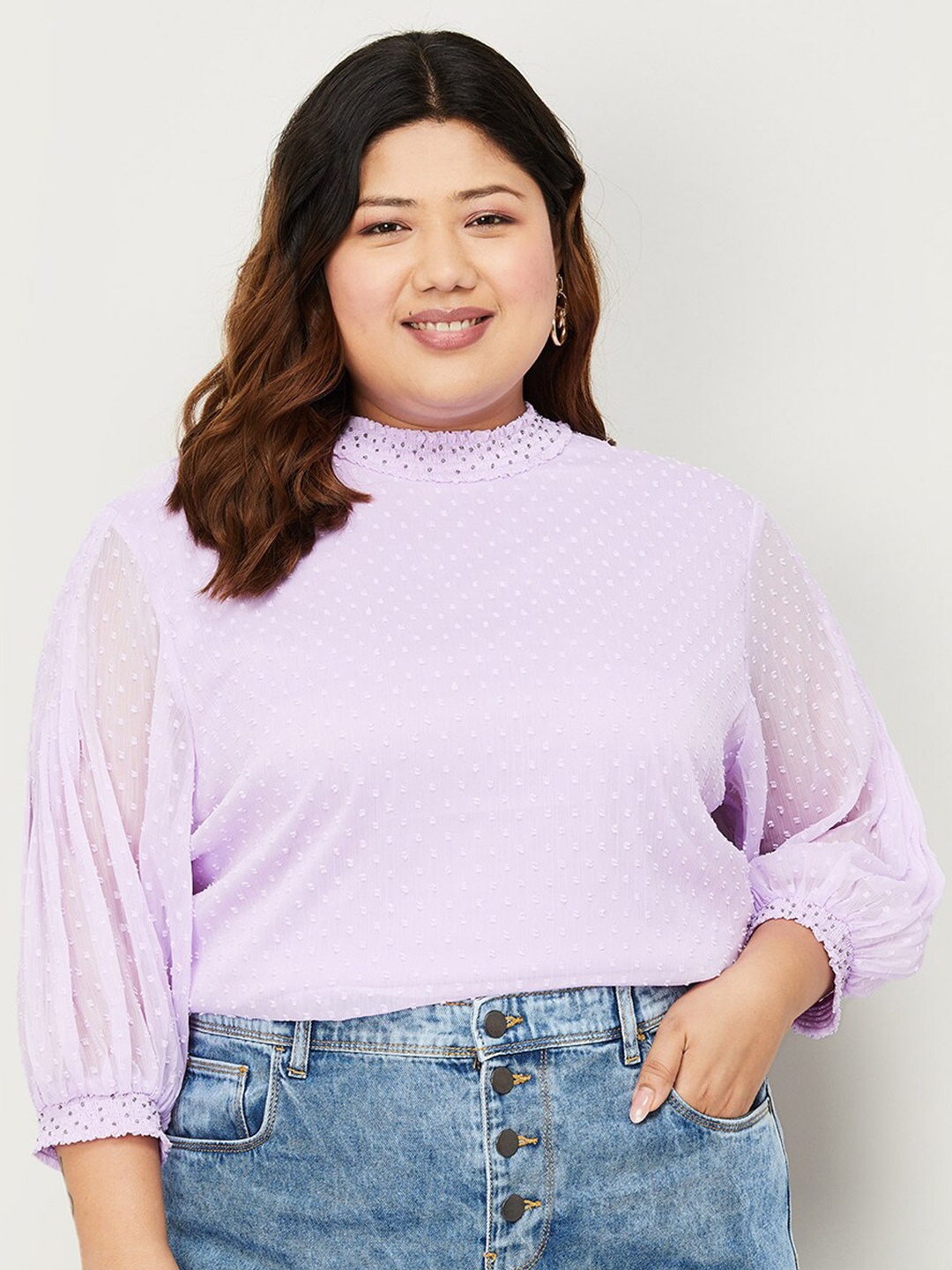 

Nexus by Lifestyle Plus Size Self Design High Neck Puff Sleeves Regular Top, Lavender