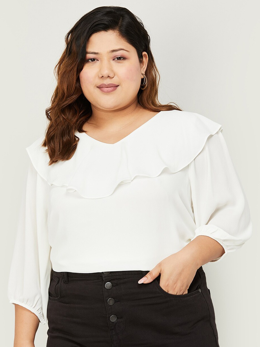 

Nexus by Lifestyle Plus Size V-Neck Puff Sleeves Ruffled Regular Top, White