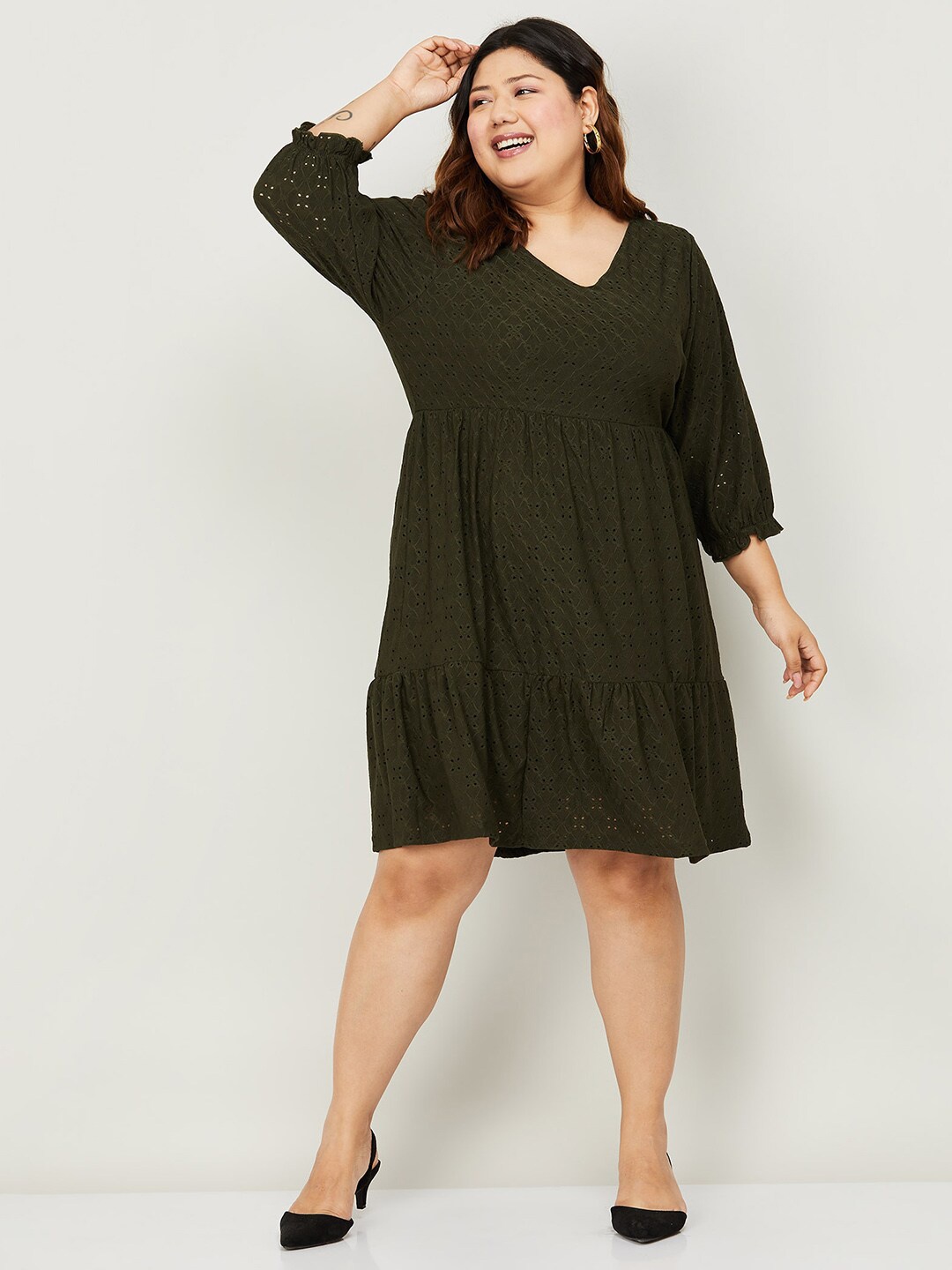 

Nexus by Lifestyle Plus Size V-Neck Puff Sleeve Fit & Flare Dress, Olive