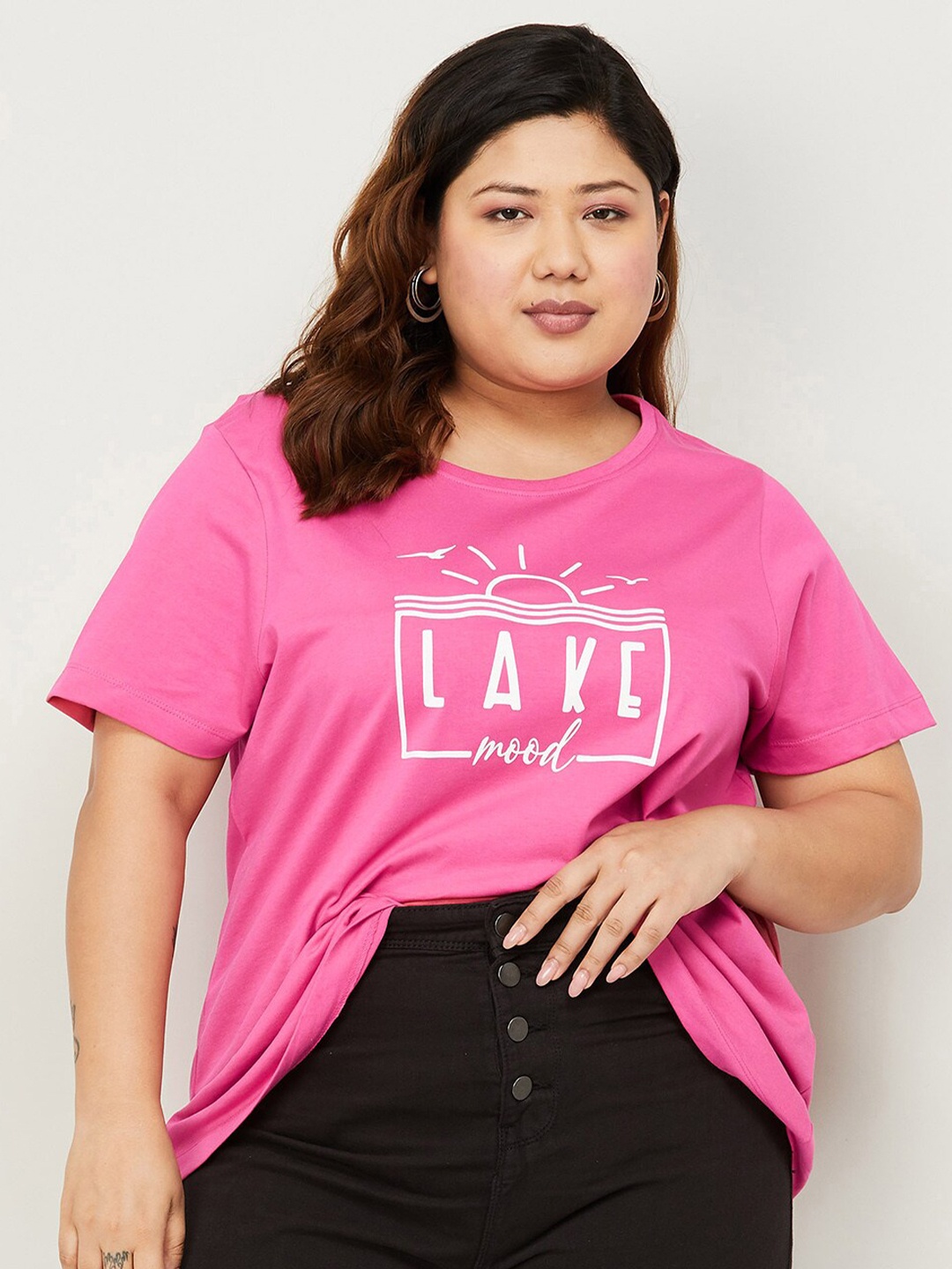 

nexus Plus Size Typography Printed Cotton T-shirt, Pink