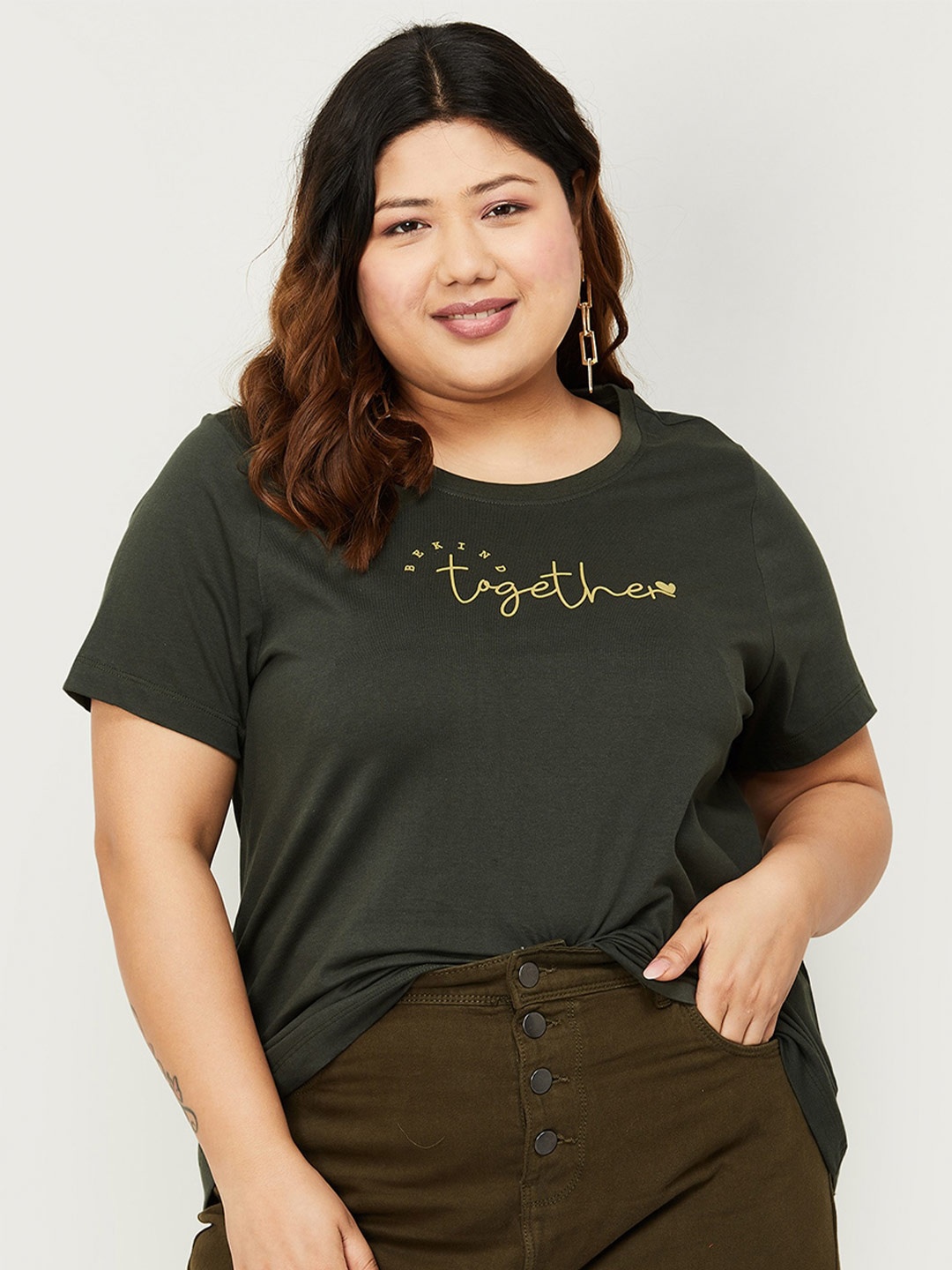 

Nexus by Lifestyle Plus Size Typography Printed Cotton T-shirt, Olive