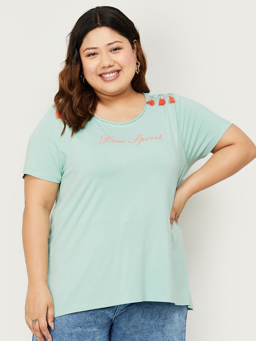 

Nexus by Lifestyle Plus Size Typography Printed Round Neck Cotton Regular Top, Green