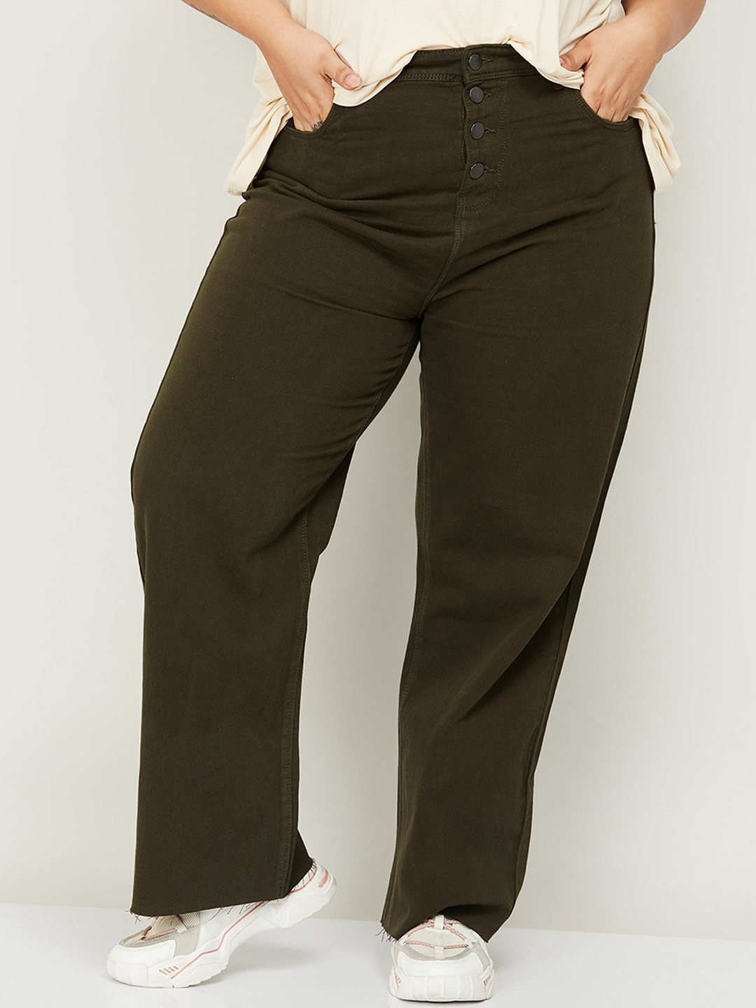 

Nexus by Lifestyle Women Plus Size Wide Leg Mid-Rise Pure Cotton Jeans, Olive