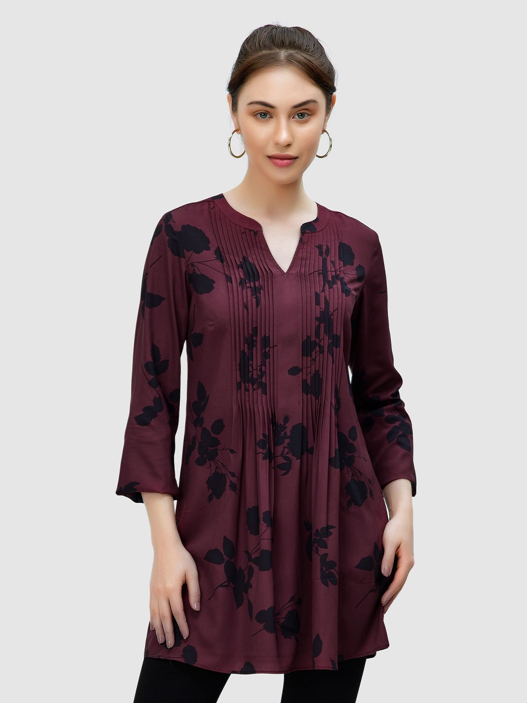 

Zapelle Floral Printed Pleated Crepe Top, Red
