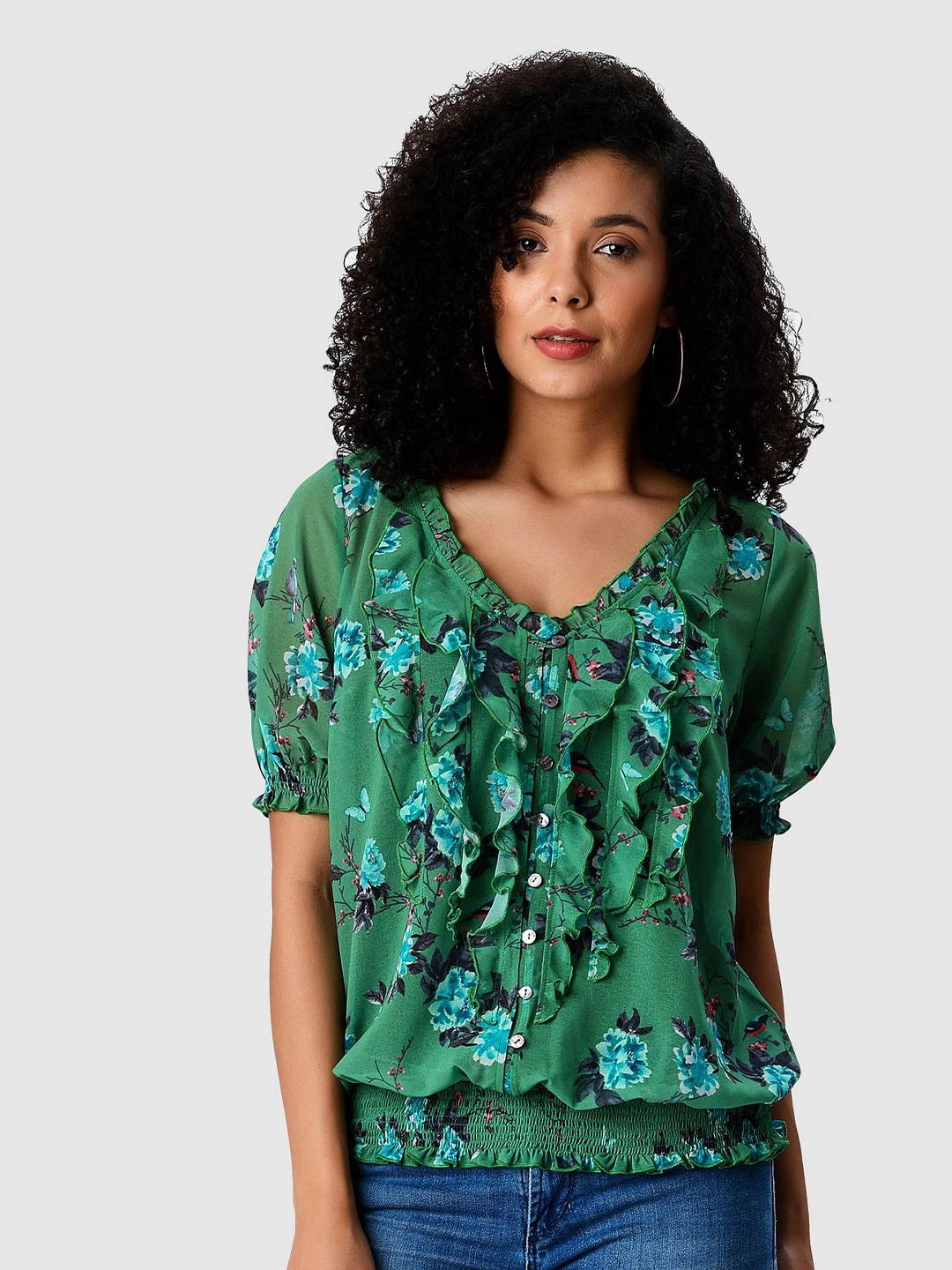 

Zapelle Floral Print Puff Sleeve Georgette Blouson Top, Green