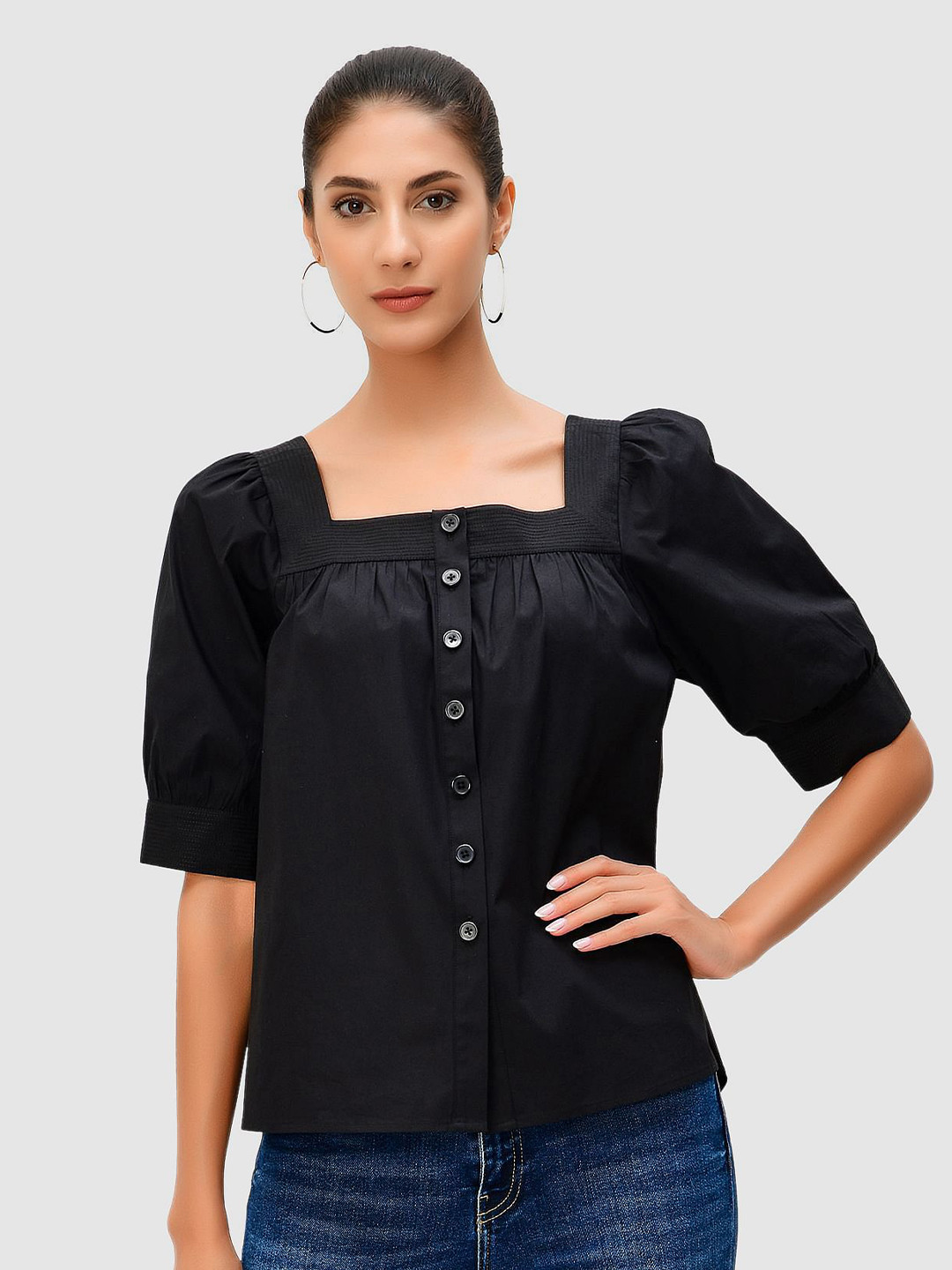 

Zapelle Square Neck Puff Sleeve Top, Black