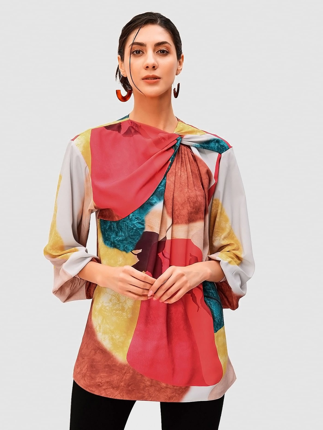 

Zapelle Abstract Printed Flared Sleeve Top, Coral