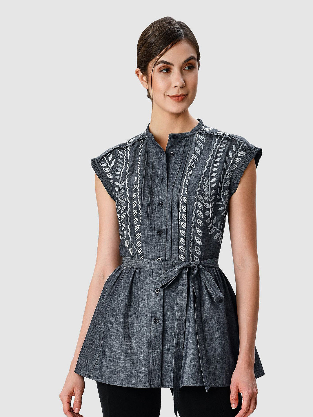 

Zapelle Floral Embroidered Linen Chambray Peplum Top, Blue