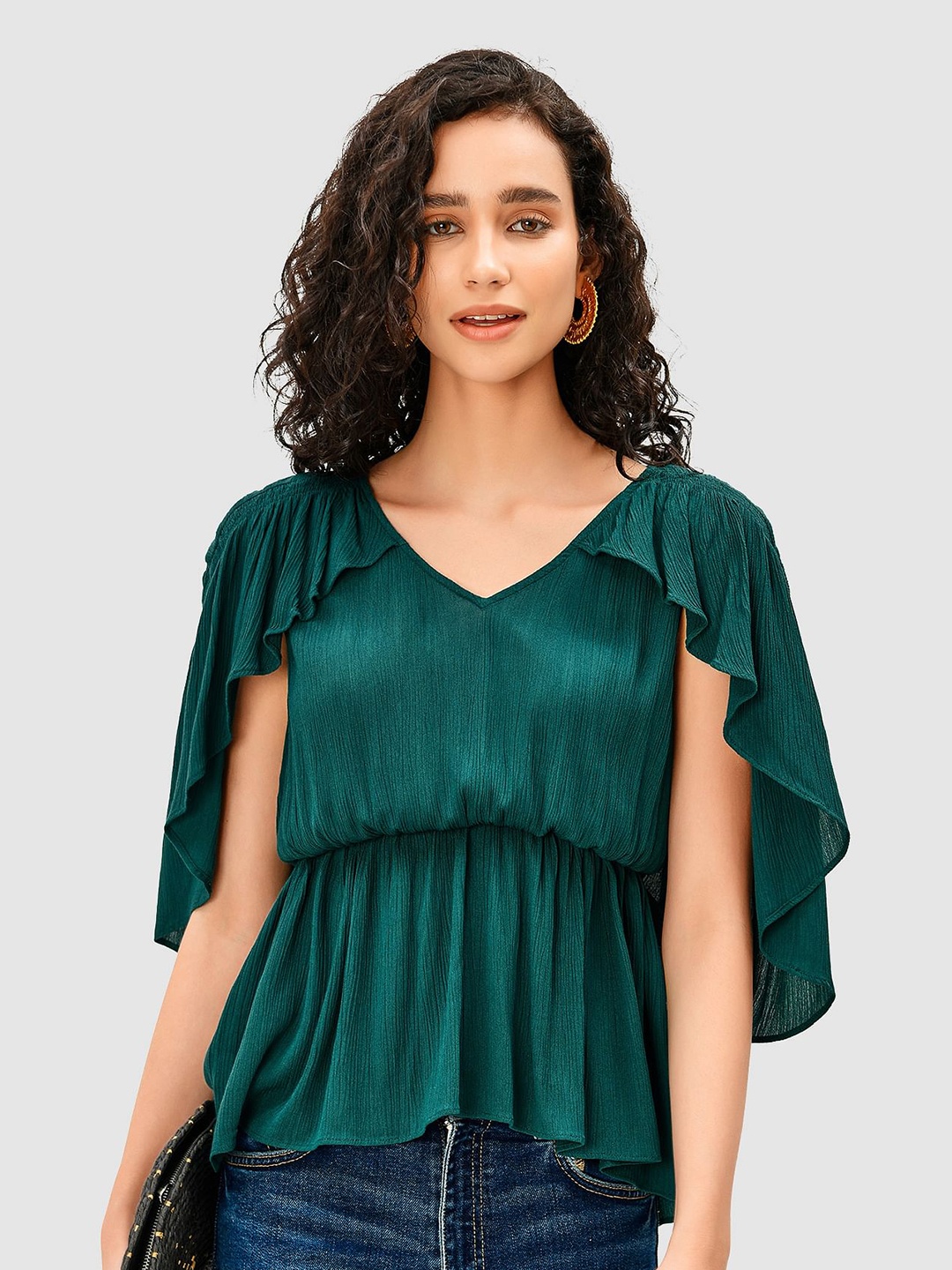 

Zapelle Asymmetric Flutter Sleeve Crinkled Peplum Top, Green