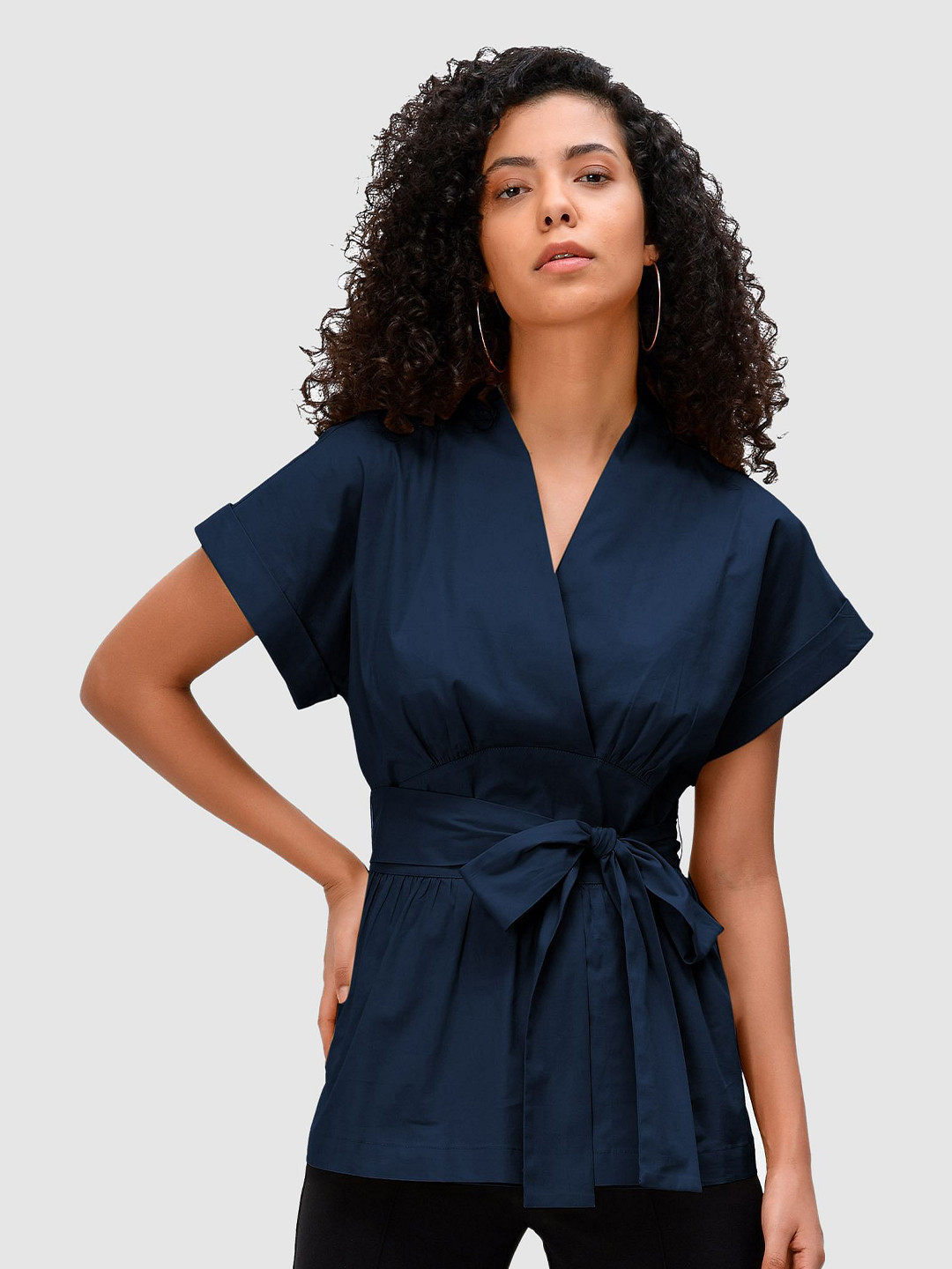 

Zapelle Extended Sleeves Cinched Waist Top, Navy blue