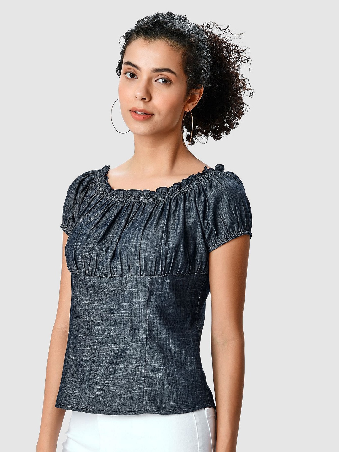 

Zapelle Puff Sleeve Linen Chambray Top, Blue