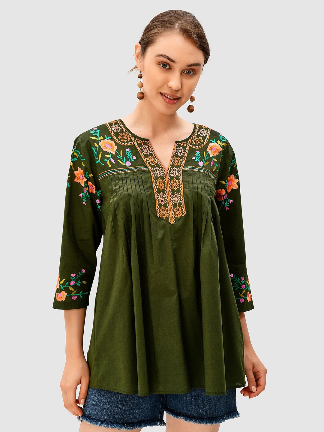 

Zapelle Floral Embroidered Pure Cotton Top, Green