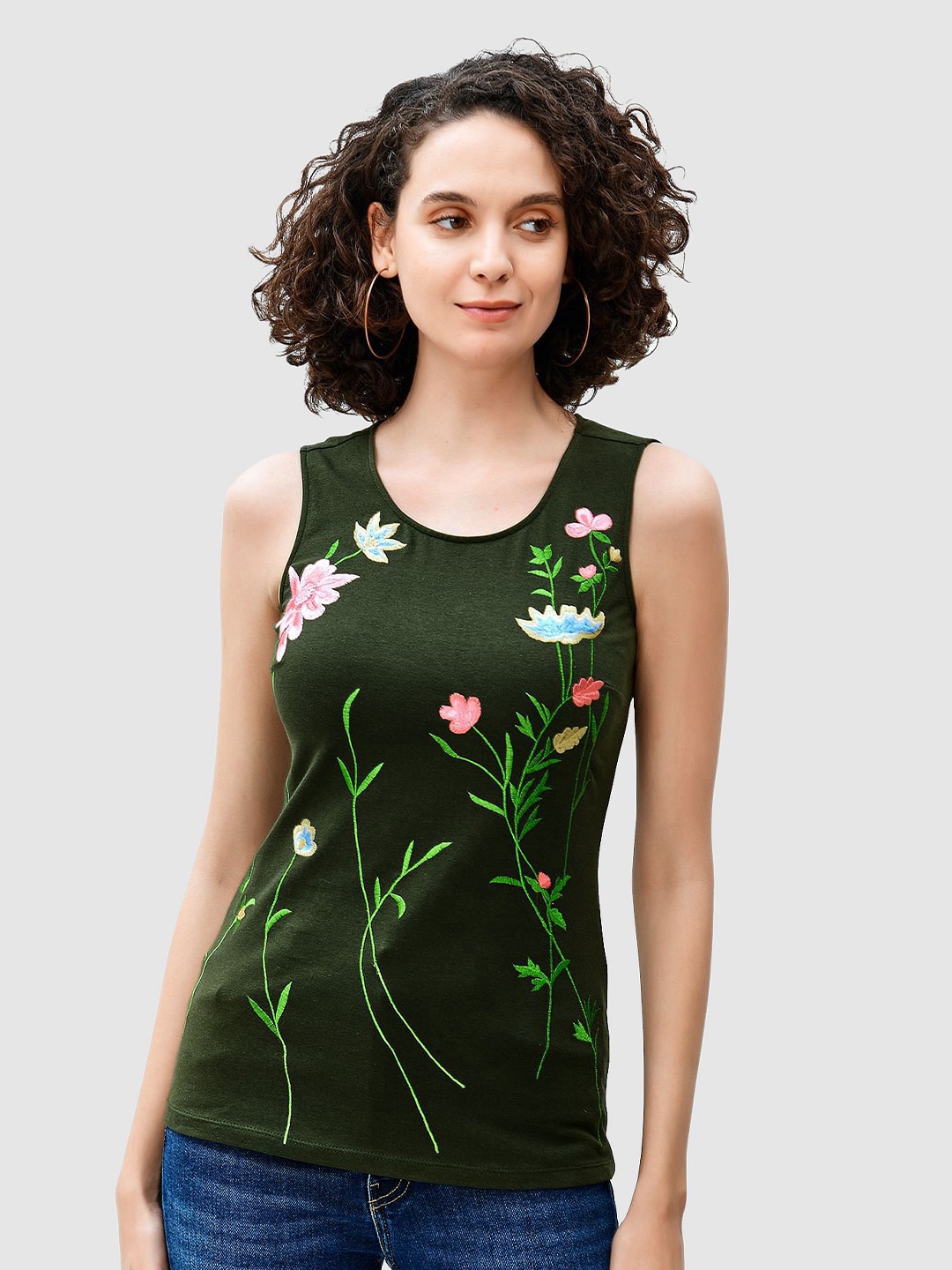 

Zapelle Floral Embroidered Tank Top, Green