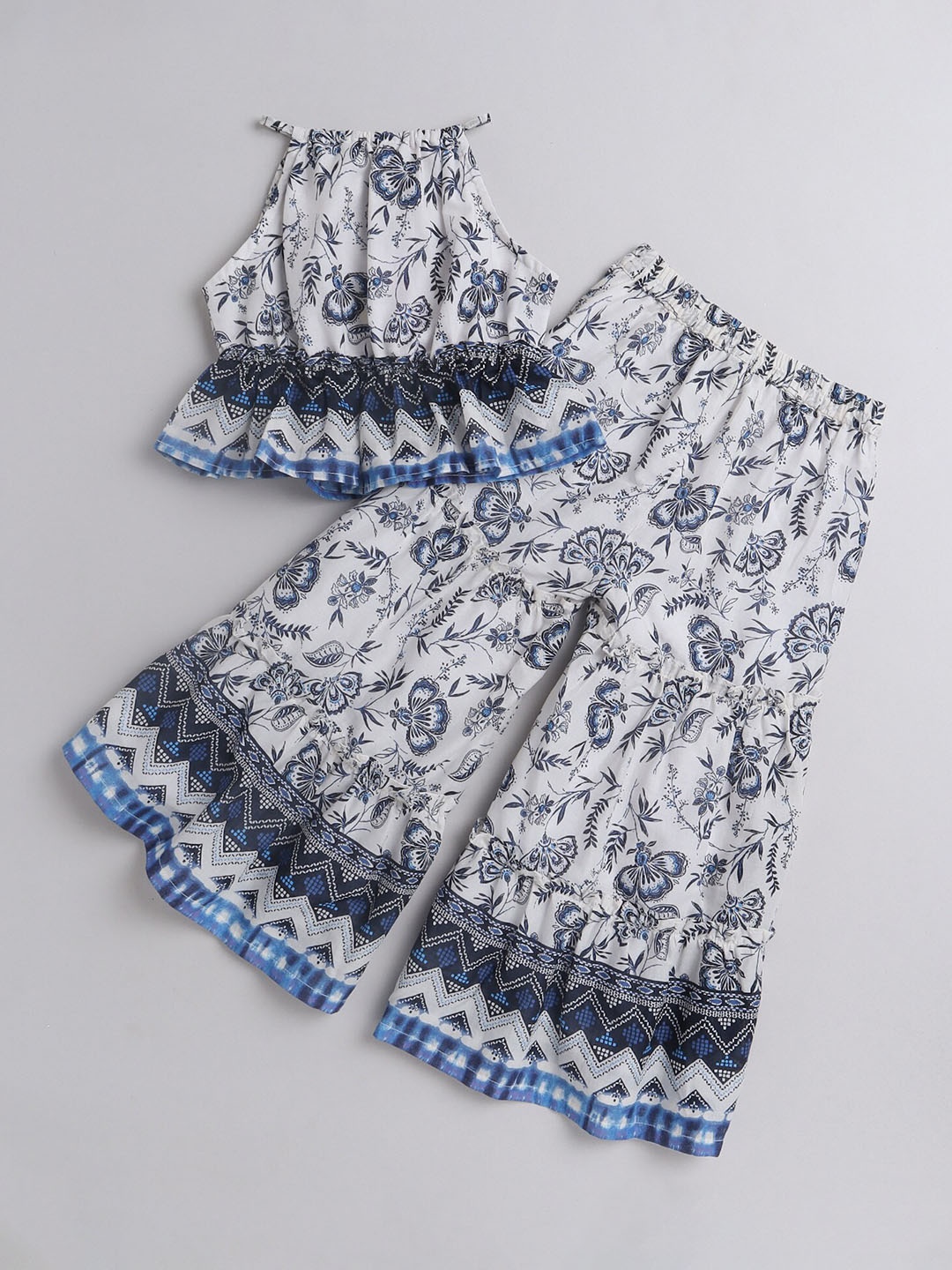 

taffykids Girls Printed Pure Cotton Halter Neck Top with Palazzos, White