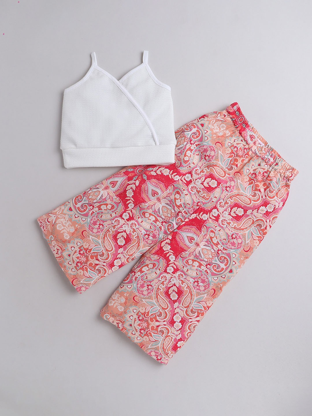

taffykids Girls V-Neck Top With Floral Printed Palazzos Set, White
