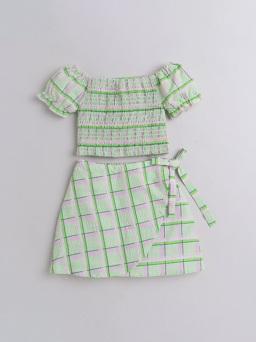 

taffykids Girls Off Shoulder Crop Checked Top With Skirt Set, Green