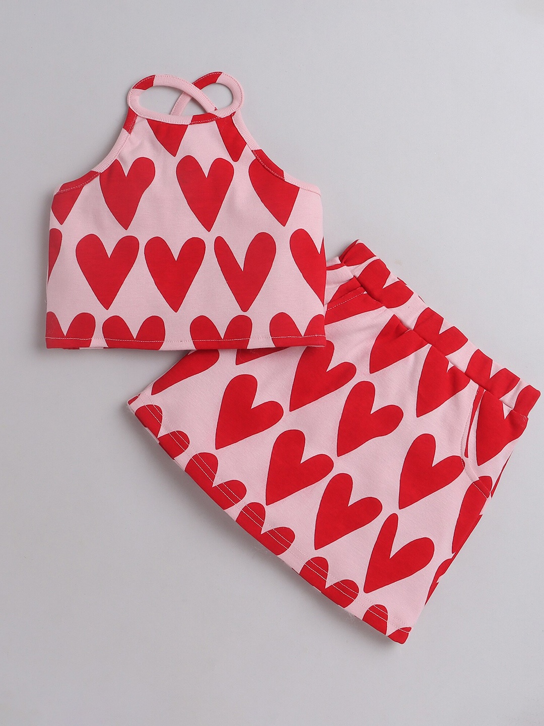 

taffykids Girls Heart Printed Pure Cotton Top with Skirt, Red