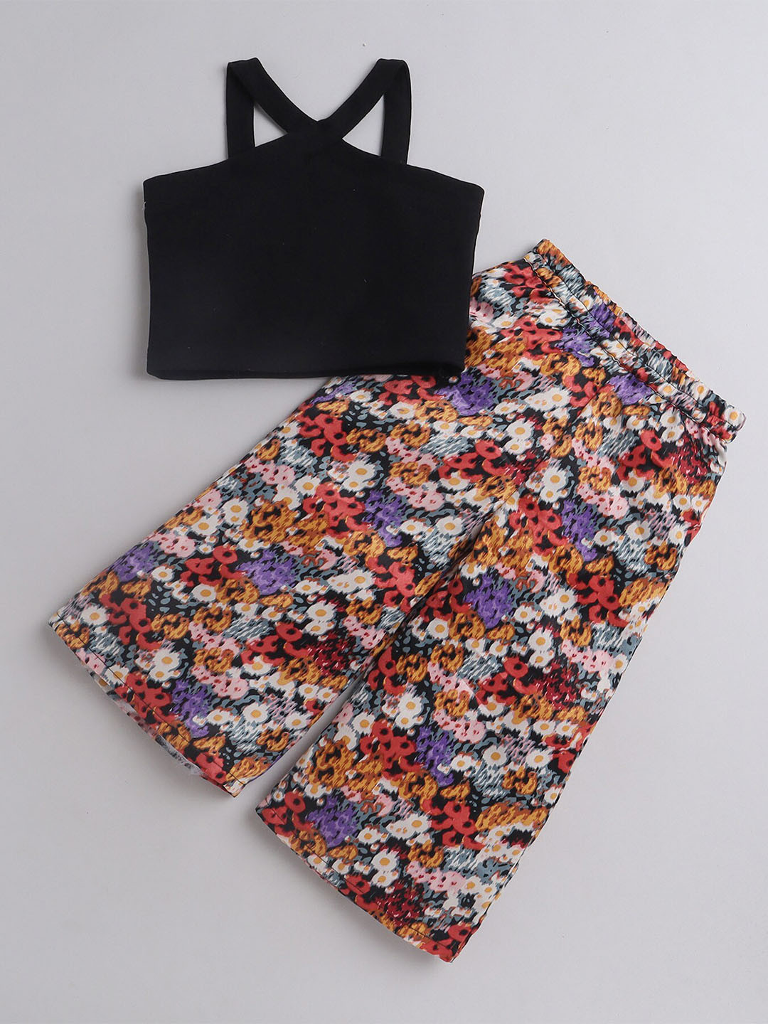 

taffykids Girls Halter Neck Top With Floral Printed Palazzo, Black