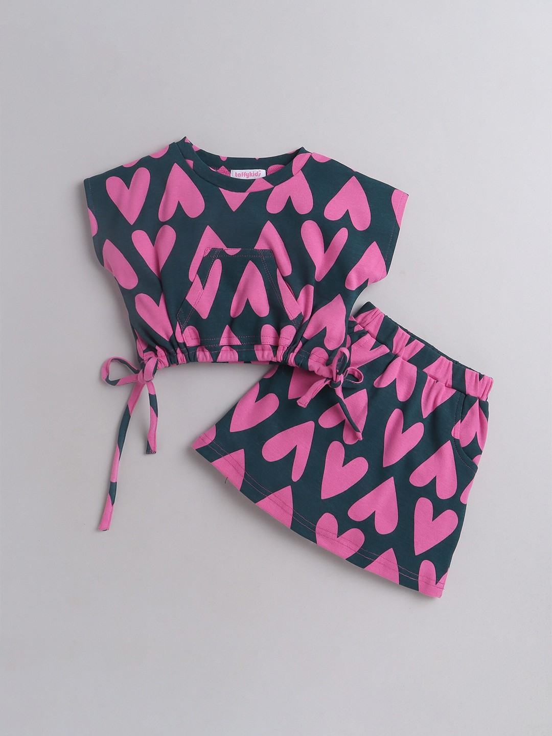 

taffykids Girls Pure Cotton Tie-Up Crop Printed Top with Skirt, Pink