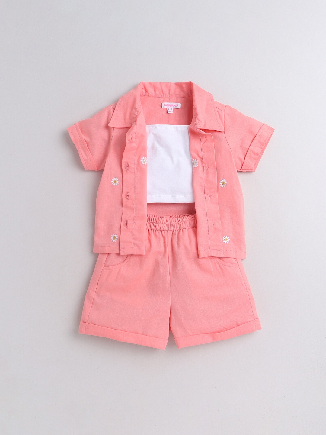 

taffykids Girls Cotton Linen Printed Crop Embroidered Shirt with Shorts, Peach