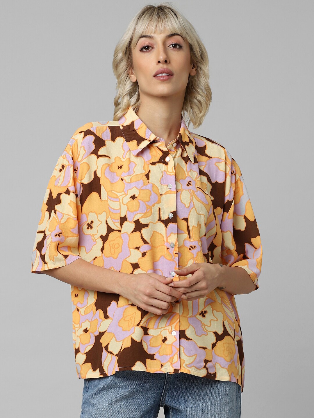 

ONLY Floral Printed Boxy Fit Opaque Casual Shirt, Yellow