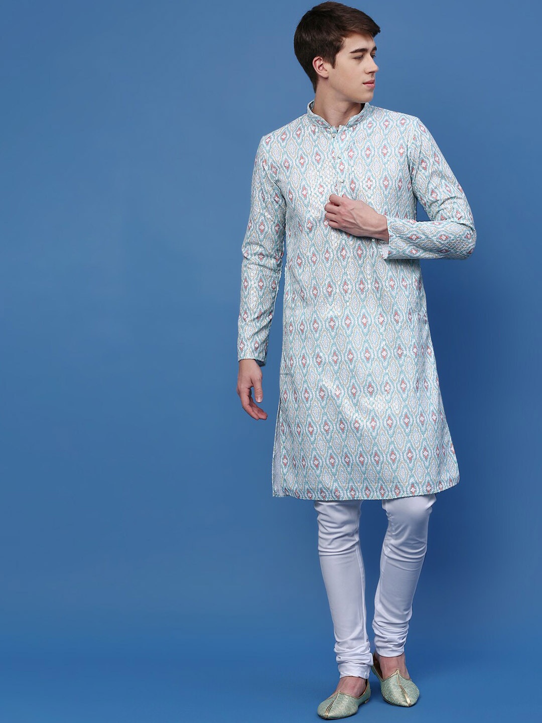 

Sanwara Ethnic Motifs Embroidered Sequinned Pure Cotton Kurta With Churidar, Blue